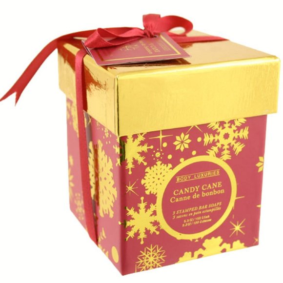 Body Luxuries Candy Cane Square Embossed Soap Set of 3 Bar of Soap in Gift Box - Picture 1 of 1